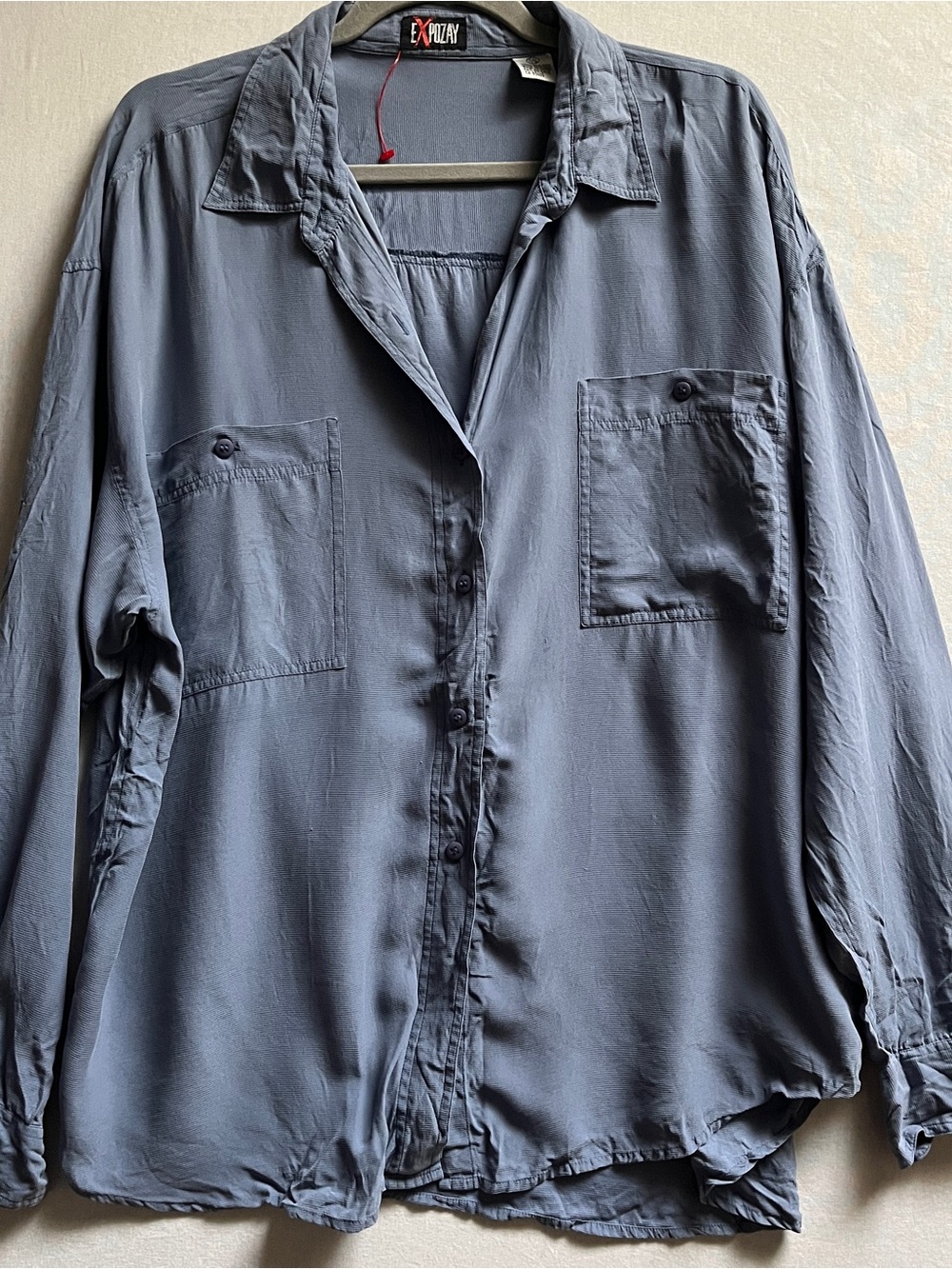 Expozay 100% Silk Slate Blue Button-Up Shirt Sz L